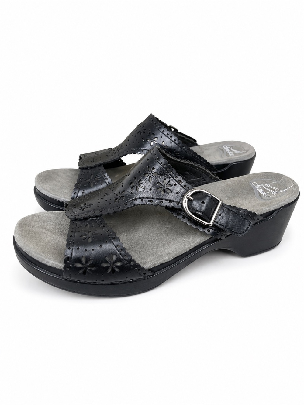 Dansko Sapphire 12M black leather wedge sandals, laser-cut floral boho comfort